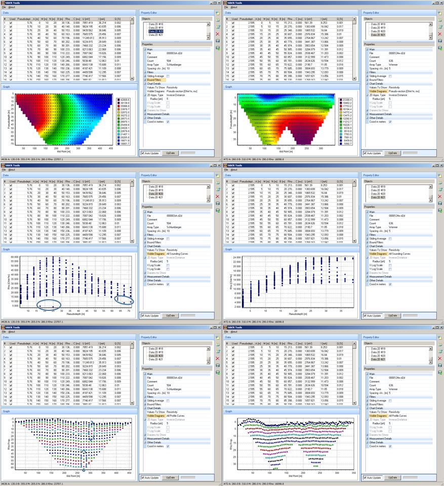 Рис. 48. Просмотр и редактирование данных в программе SiberTools в разных режимах: Pseudodepth (сверху); AllSounding Curves (посередине) и All Profile Curves (снизу)