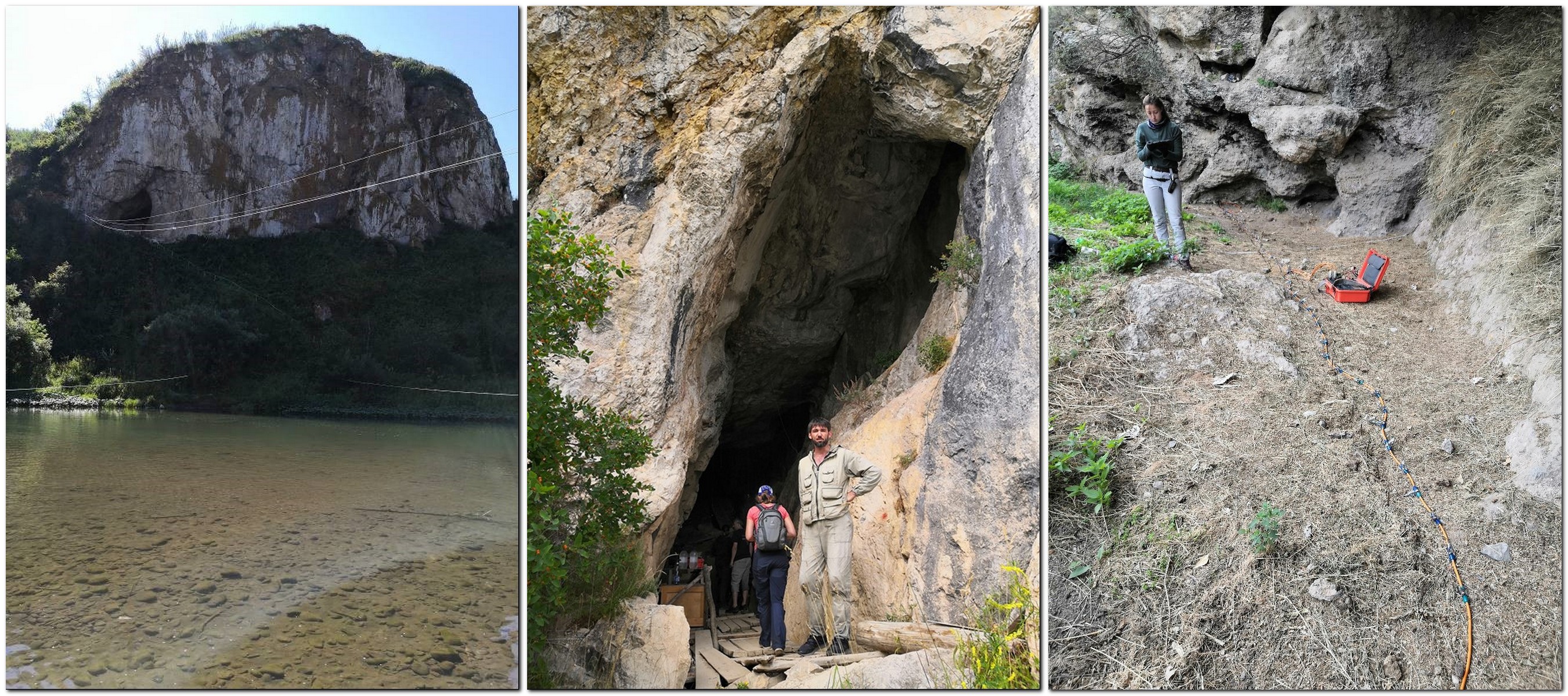 Вид на Чагырскую пещеру (Алтай); Вход в пещеру Страшная (Алтай); П.С. Осипова выполняет электротомографию пород у грота Кара-Ункур (Киргизия)