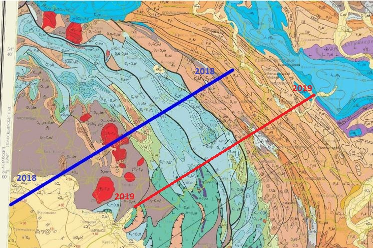 Геологическая карта района работ и профили МТЗ 2018 года (синяя линия) и 2019 года (красная линия)