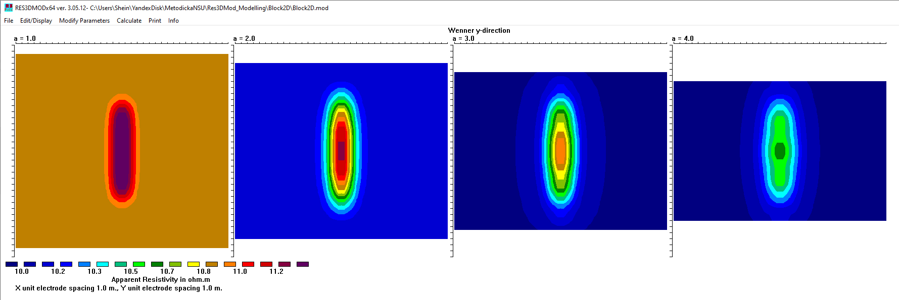Рис. 40. Отображение рассчитанных данных по нескольким глубинам в плоскости XY для модели Block2D в программе Res3DMod