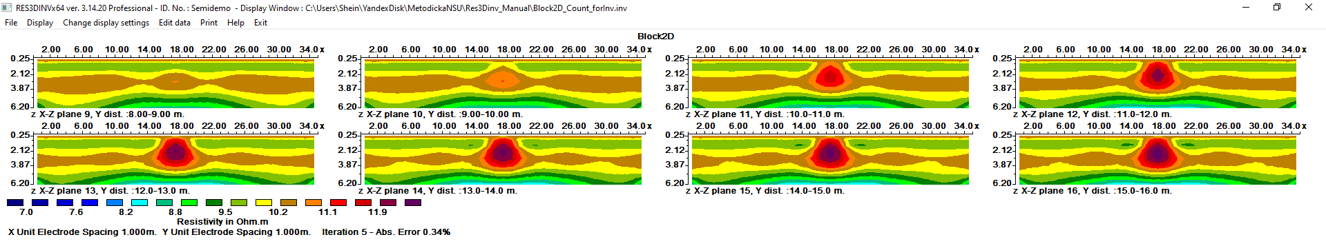Рис. 51. Отображение результатов инверсии в программе Res3DInv: вертикальные срезы – плоскость XZ